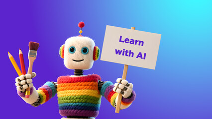 Naklejka premium Cute colorful robot holding paint tools and sign with Learn with AI message