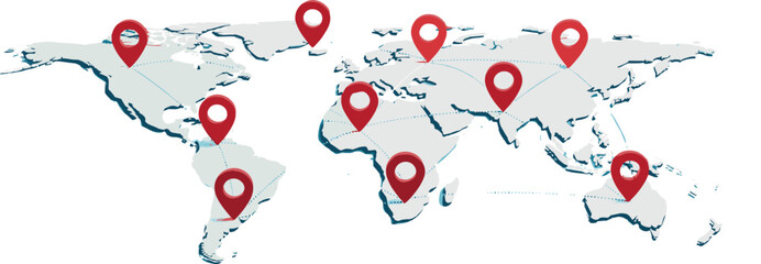 Global map with location pins, worldwide navigation network, international travel routes, logistics connections, business destinations, vector illustration, isolated white background
