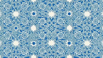 A vibrant blue and white geometric pattern with intricate designs and shapes