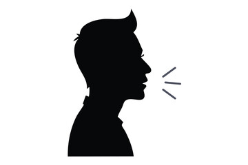 A black silhouette of a man's head in profile, speaking or making a sound, with lines indicating speech.