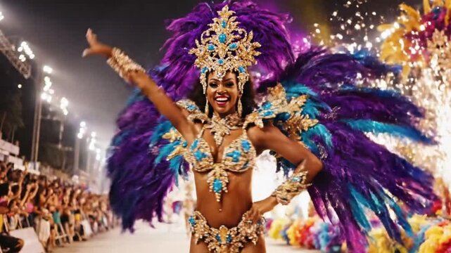 Woman in vibrant blue and purple feathered costume dancing at carnival with sparkling lights and colorful decorations in the background at night