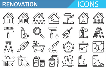 Construction and renovation icons pack, linear house repair symbols