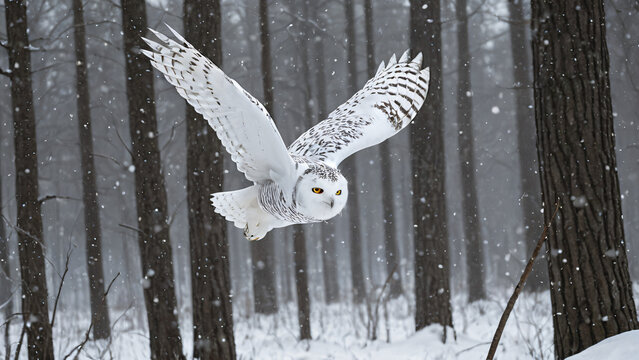 Eine majest&auml;tische Schnee-Eule fliegt w&auml;hrend eines Schneesturms durch den Wald