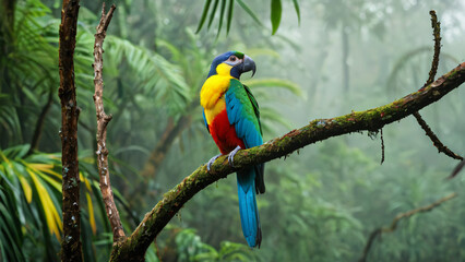 Ein exotischer Papagei mit bunten Federn blickt auf einem Ast im Urwald zur&uuml;ck