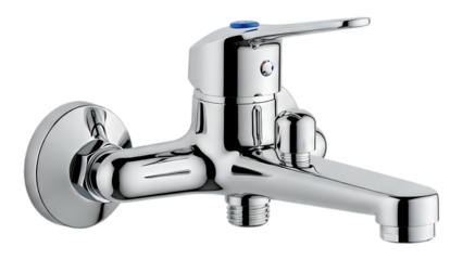 Modern sleek chrome wall mounted single handle faucet with polished finish and contemporary design for bathroom or kitchen on transparent background