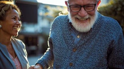 Joyful elderly man in a wheelchair gratefully shakes hands with a caregiver outdoors