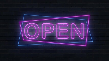 Neon Open Sign Glowing Brightly on Dark Brick Wall Background Business Welcome
