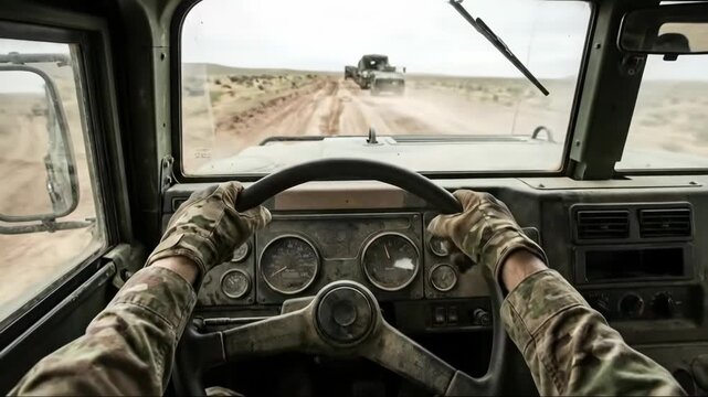 Military man driving truck in desert and eating emergency ration in trench. First person pov of soldier.
