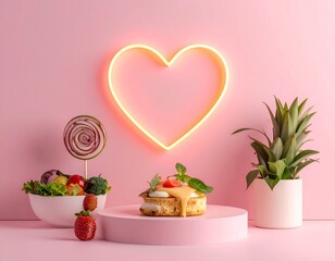 E-commerce food product scene, heart light accents, modern minimal style