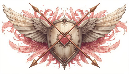 A fantasy-style illustration featuring a heart-shaped shield with angel wings and crossed arrows in front of flowing pink flames