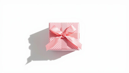 A small pink gift box with a polka dot pattern and a ribbon bow on top placed on a plain white surface creating a soft shadow