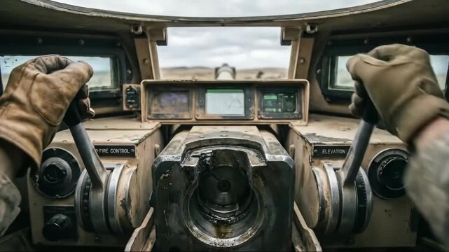 Man in military vehicle operating controls with gloved hands, simulating a first-person view of war.