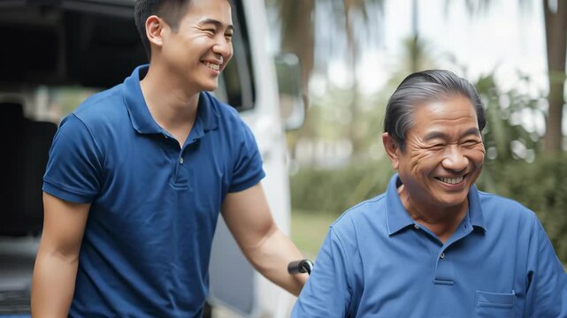 Portrait of a smiling Asian caregiver and a happy senior man by an accessible van