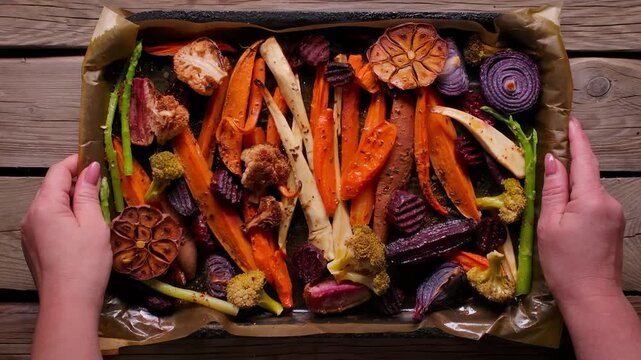 Top view of hands placing a tray of roasted vegetables like beets, carrots, and broccoli on the table. Healthy food for a family Sunday roast dinner
