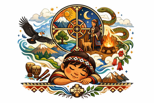 Vector Illustration of Mapuche Symbolism with Kultrun Geometry and a Dreaming Chilean Child