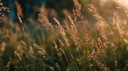 Field with tall grass showing warm sun glow, blending emotional depth with soft textures, creating a vivid cinematic feel in nature during late afternoon hours