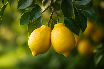 Lemons on Tree with Sunlight and Green Leaves