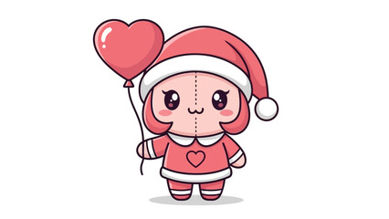 Cute Cartoon Character in Santa Hat Holding Heart Balloon.