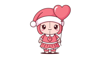 Cute Cartoon Girl Holding Heart Balloon.