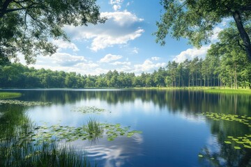 Fototapeta premium Peaceful lake surrounded by lush trees under a clear blue sky during midday