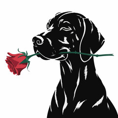 Black Dog Holding Red Rose &ndash; Elegant Minimalist Vector Illustration