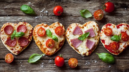 A delicious arrangement of heart-shaped pizzas with various toppings on a wooden table