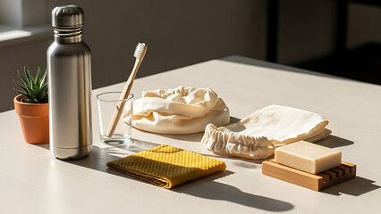 Sustainable lifestyle products for eco-conscious living reusable water bottle, natural soap, and cloth bags