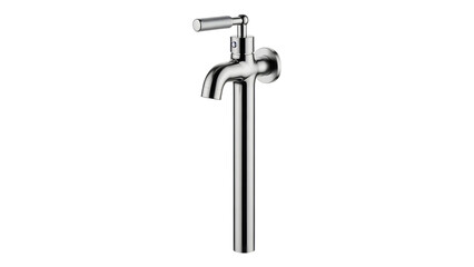 Modern sleek silver wall mounted faucet with single handle and polished chrome finish for bathroom or kitchen sink plumbing fixture on transparent background