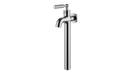 Modern sleek silver wall mounted faucet with single handle and polished chrome finish for bathroom or kitchen sink plumbing fixture on transparent background