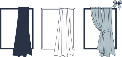 Window curtain icon set in silhouette outline and flat line styles