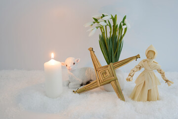 Plakat Imbolc pagan festival celebrating brigid cross and snowdrops