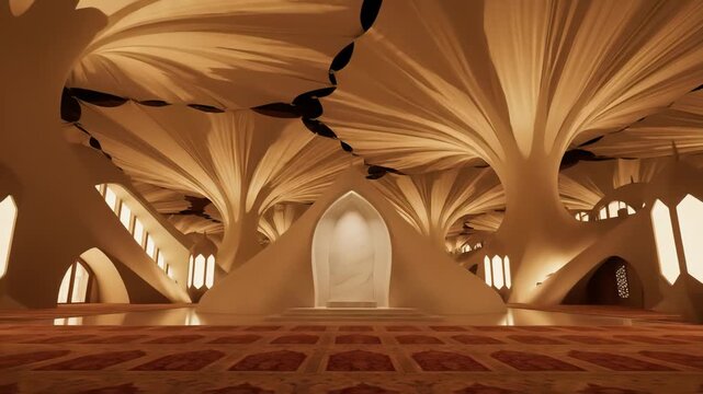 Expansive interior space featuring organically shaped columns supporting a detailed, ribbed ceiling. Traditional lanterns hang along the walls, casting warm light onto the patterned carpet.