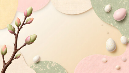 Delicate spring branch with buds and Easter eggs in soft pastel colors  