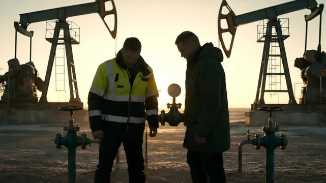 Oil workers shake hands at pump jack field during sunset with drilling equipment. Engineers meet at oil field site. Workers at pump jack during sunset. Oil field partnership with pumpjack.