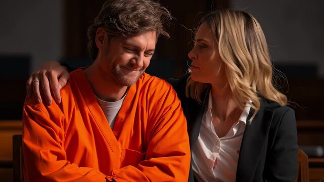 Female lawyer comforting a distraught defendant in a courtroom during a trial