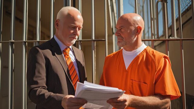 Lawyer discussing case documents with a smiling inmate in a prison yard