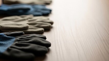 Assorted fingerless gloves on a wooden surface