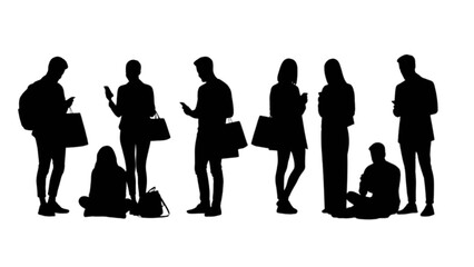 People absorbed in their smartphones and shopping bags, showcasing modern digital interaction