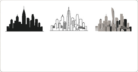 Urban city skyline set with various building silhouettes and outlines