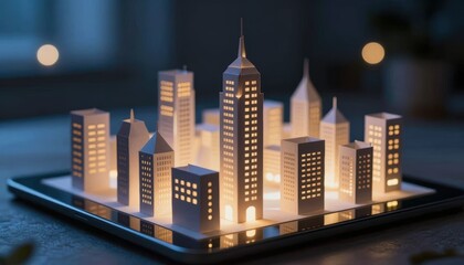 Illuminated architectural model of an urban landscape at night creative design showcase indoor setting minimalist aesthetic