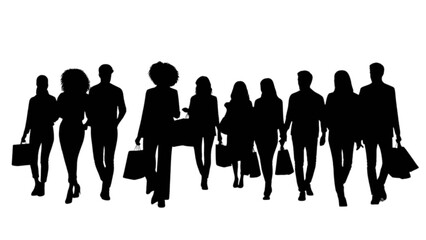 Diverse group of shoppers with bags walking together, representing consumerism and urban lifestyle