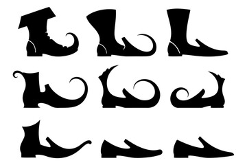 Fantasy elf and witch shoes black silhouette vector set