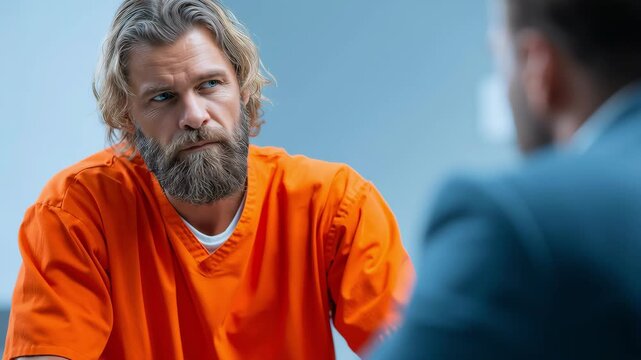Intense portrait of a bearded inmate during a serious legal consultation or interrogation