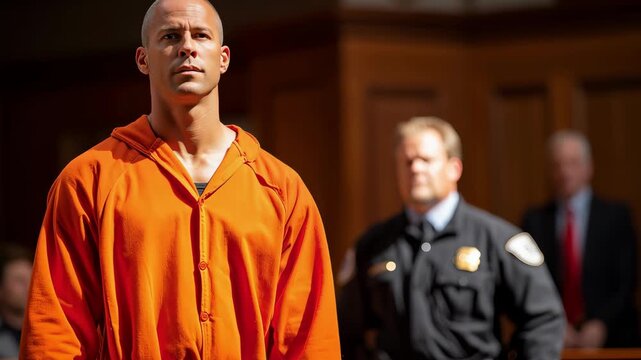 Determined defendant in a prison jumpsuit stands in a courthouse before his hearing