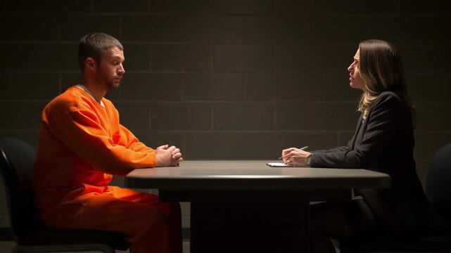 Inmate and female lawyer sitting opposite each other in a stark interrogation room