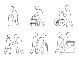 Elderly Care Illustrations: A set of simple yet powerful illustrations portraying the essence of care and support for the elderly, symbolizing compassion, assistance, and dignity in their daily lives.