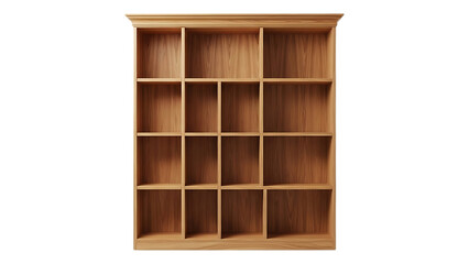 Modern wooden shelving unit with multiple compartments and crown molding on transparent background