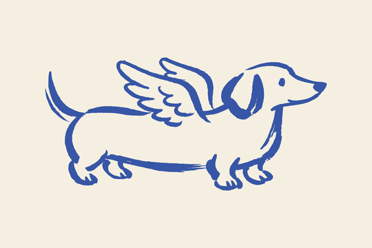 Dachshund with wings naive line sketch vector illustration