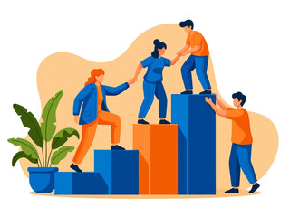 A colorful illustration of four people helping each other climb up bars