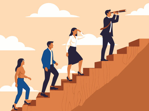 Business people climbing up stairs looking ahead to future goals and success